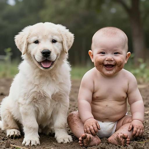 Smiling Baby and White Puppy Sitting on Muddy Ground