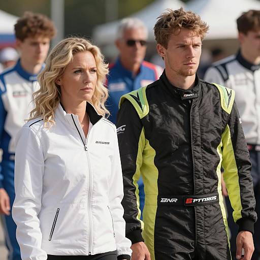Blonde Woman and Man in Racing Gear