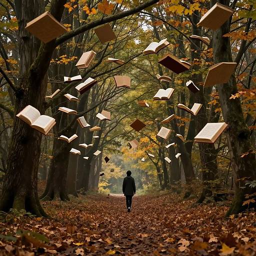 Photograph of a solitary figure in a dark coat walking down a forest path, surrounded by floating open books amidst autumn leaves.