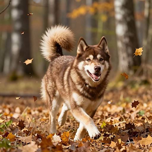 Photograph of a happy, brown and white Siberian Husky with a fluffy tail, running through an autumn forest, surrounded by falling leaves.