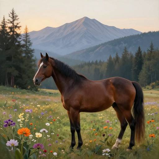 Horse in Flower Field Morning Scene