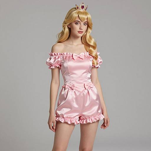 Woman in Pink Satin Princess Outfit