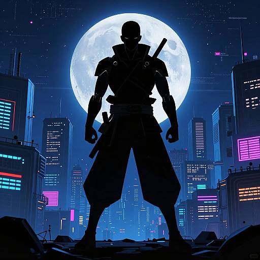 Silhouetted muscular warrior with sword stands against bright full moon, neon-lit futuristic cityscape in background, digital art.