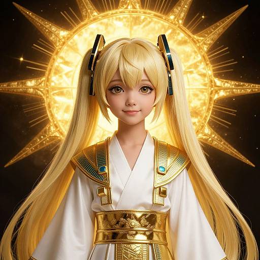 Digital artwork of a young blonde anime girl with long twin-tails, wearing a white and gold traditional outfit, against a radiant sunburst background.