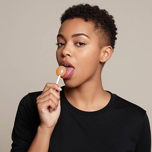 Photograph of a young Black man with short curly hair, wearing a black shirt, licking an orange and white lollipop against a plain white background.