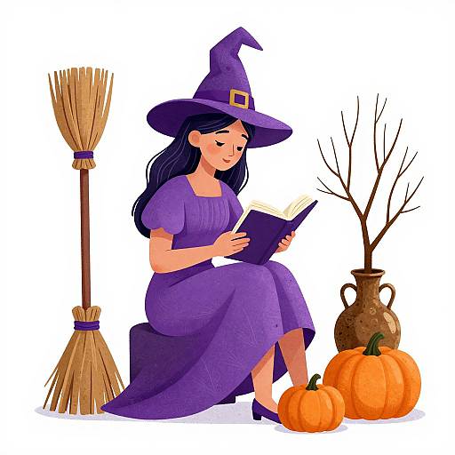 Digital illustration of a smiling witch in purple dress and hat, reading a book, with broom, pumpkins, and vase beside her.