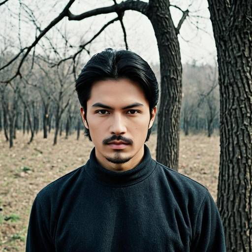 Serious Asian Man Standing in Leafless Forest