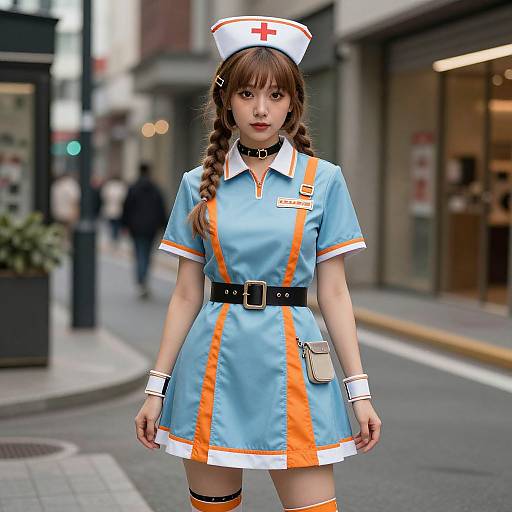 Photograph of an Asian woman in a blue and orange nurse costume with white hat, black belt, and thigh strap, standing on a blurred urban street