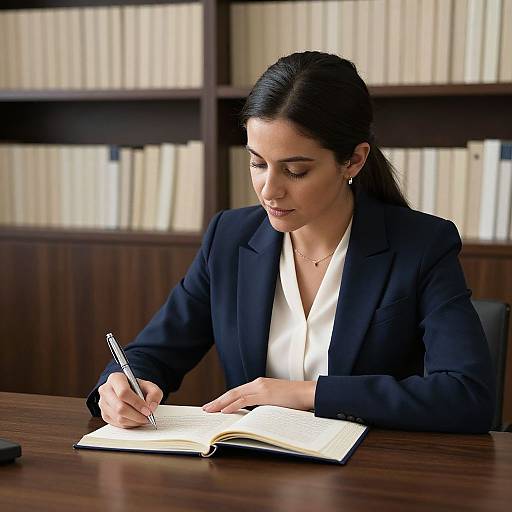 Photograph of a focused woman with dark hair in a black blazer and white blouse, writing in an open notebook at a wooden desk in a library
