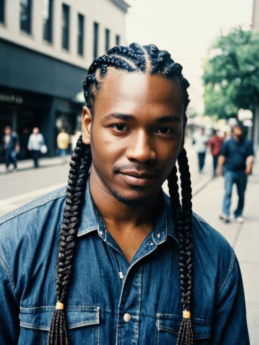 Man with Cornrow Braids in Denim Jacket