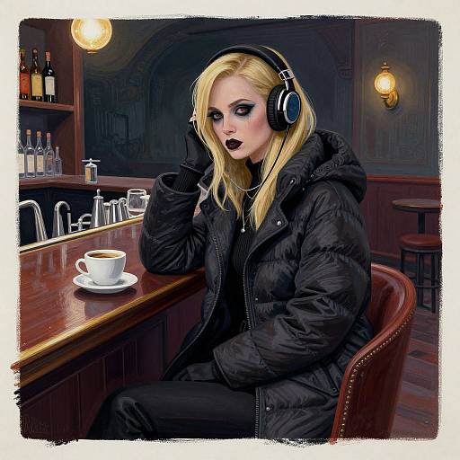 Digital artwork of a blonde woman with black lipstick and headphones, wearing a black puffer jacket, sitting at a bar with a cup of coffee. Dim