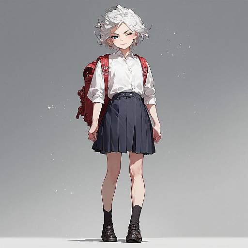 Anime-style digital drawing of a white-haired girl with pale skin, wearing a white shirt, navy skirt, black socks, and black shoes, carrying a