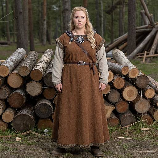 Photograph of a blonde woman in medieval-style brown dress with white sleeves, standing in front of a log stack in a forest.