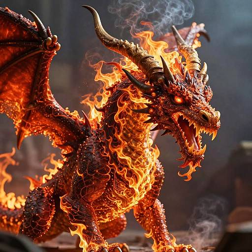 Photorealistic digital artwork of a fiery red dragon with glowing eyes, large curved horns, and flames engulfing its scaly body.