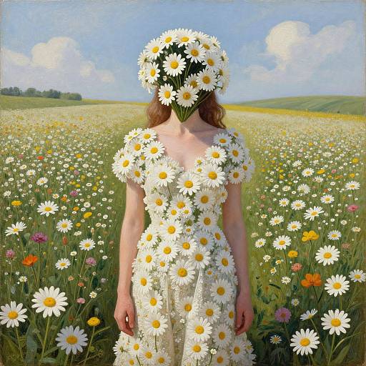 Photograph of a woman with long brown hair, wearing a white dress made of daisies, standing in a vast daisy field under a bright