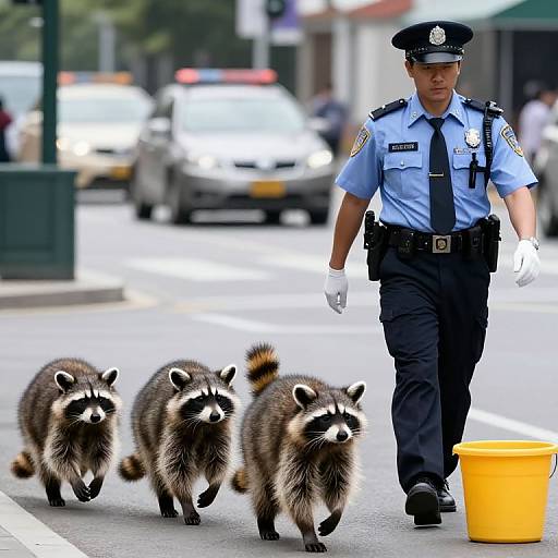 Police Officer Walking with Raccoons