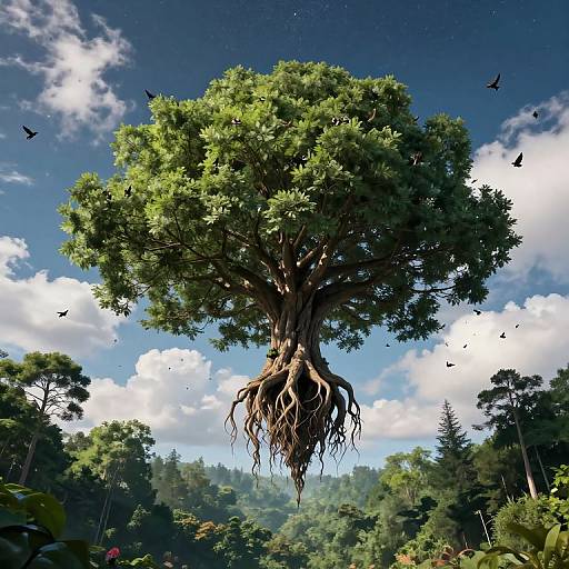 Photorealistic CGI of a massive, root-exposed tree with lush green leaves, set against a bright blue sky with scattered clouds and flying birds,