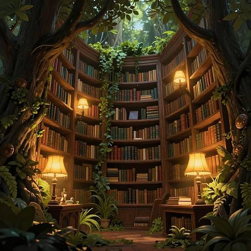 Photorealistic digital art of a lush, forest-like library with towering bookshelves, warm-lit lamps, potted plants, and vines overhead