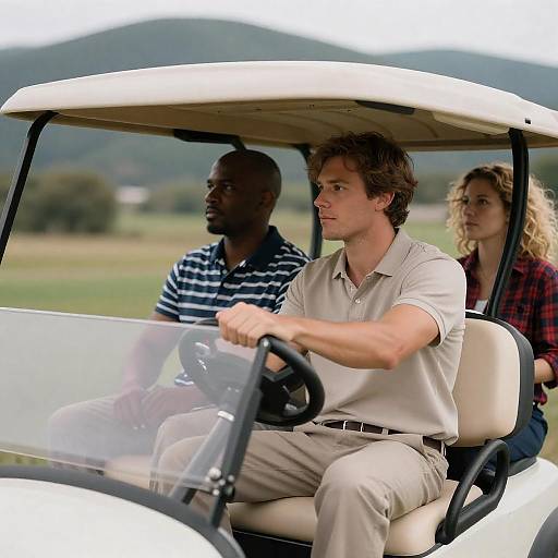 Three People in Golf Cart Photo