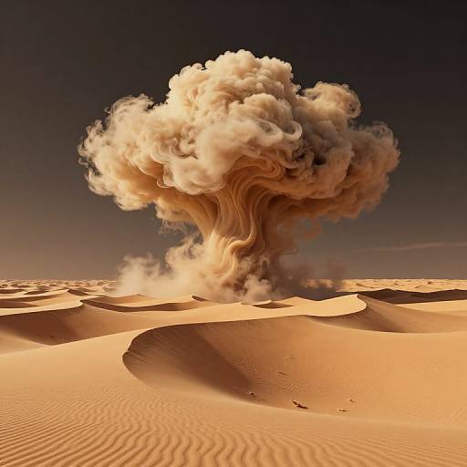 Photorealistic CGI of a massive, swirling cloud of smoke erupting from a desert, with undulating sand dunes under a dark sky.