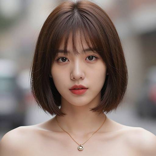 Photograph of an East Asian woman with straight, shoulder-length black hair, fair skin, red lips, and a gold necklace with a circular pendant,