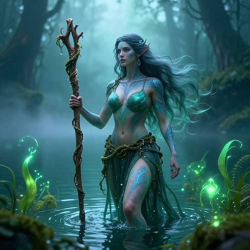 Digital fantasy artwork of a blue-tattooed, topless elf woman with long hair, standing in a mystical forest pond, holding a twisted wooden