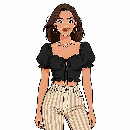 Digital drawing of a smiling woman with brown hair, wearing a black ruffled crop top and white striped high-waisted pants.
