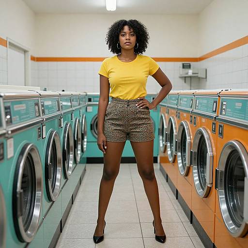 Confident Woman in Vibrant Laundromat