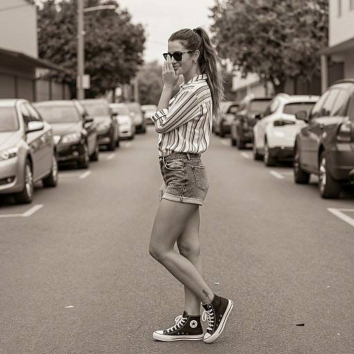 Woman in Striped Shirt and Denim Shorts on Street