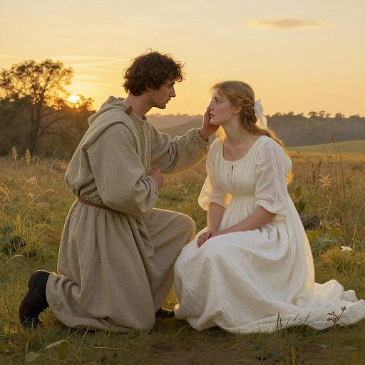 Photograph of a medieval couple at sunset; a curly-haired man in beige robes kneels, gently touching a blonde woman in a white dress, both