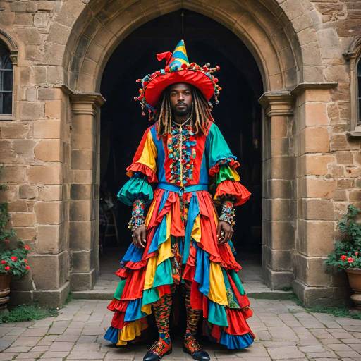 Person in Colorful Jester Outfit in Castle Archway