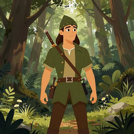 Digital cartoon of a young, green-clad Robin Hood standing in a sunlit forest, with a sword on his back and pistol in belt.