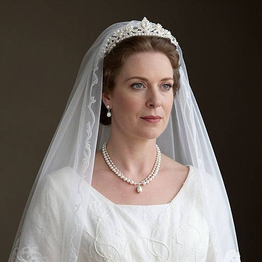 Photograph of a fair-skinned, blue-eyed bride with brown hair, wearing a white lace gown, pearl necklace, tiara, and veil,