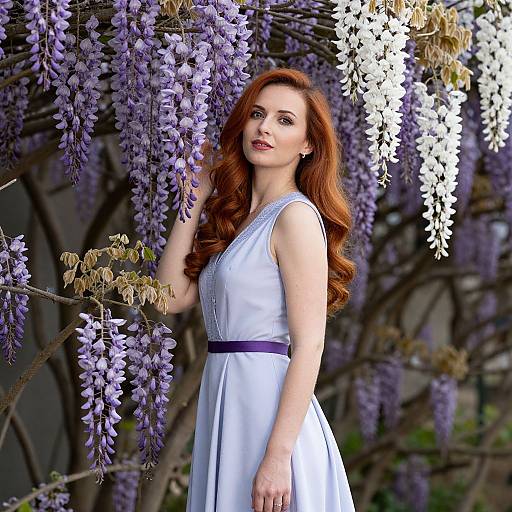 Photograph of a fair-skinned woman with long red hair, wearing a white dress with a purple belt, standing amidst purple and white wisteria