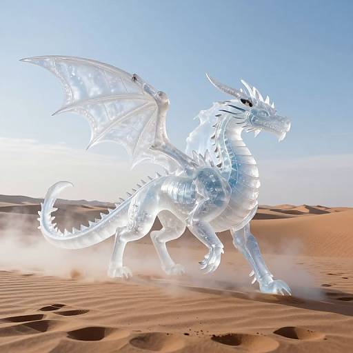 CGI image of a glowing, translucent white dragon with crystalline wings and scales walking through a desert, kicking up sand.