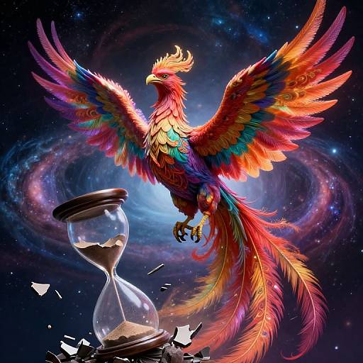 Vibrant phoenix with multicolored feathers hovers above a shattered hourglass in a cosmic, star-filled background. Digital art.