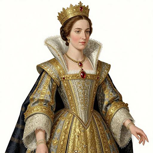 Digital illustration of a regal woman in an ornate, gold-embroidered Renaissance gown, wearing a jeweled crown and necklace, with a