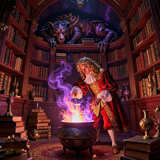 Surreal Alchemist in Opulent Library