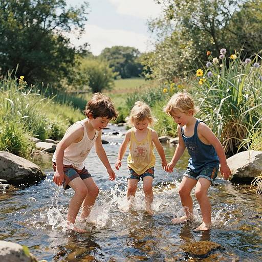 Children Splashing in Stream on Summer Day