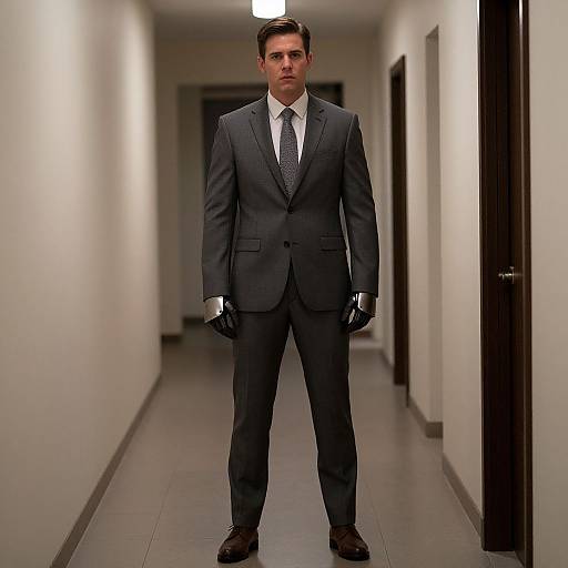 Photograph of a serious-looking man in a dark gray suit, white shirt, black tie, black gloves, standing in a brightly lit, empty,