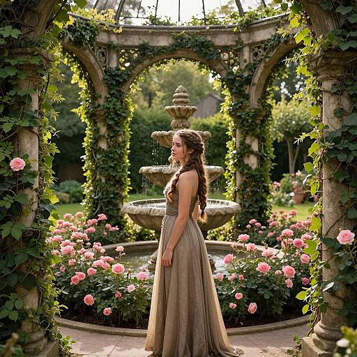 Photograph of a young woman with long brown hair in a flowing beige dress, standing in a lush, rose-filled garden gazebo, surrounded by iv