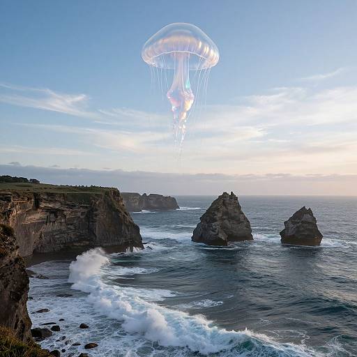 Photograph of a coastal cliff landscape with three rocky islands, waves crashing, and a transparent jellyfish-like object hovering above.