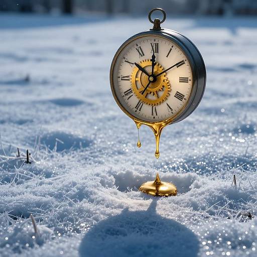 Photograph of a vintage pocket watch with exposed gears and dripping gold liquid, standing on snow-covered ground, casting a shadow.