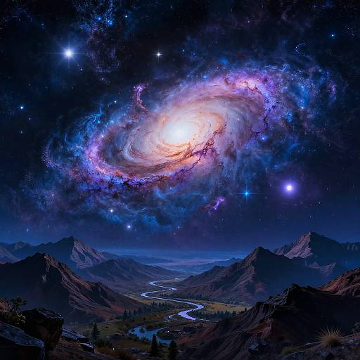 Digital painting of a vibrant, glowing spiral galaxy above a dark, mountainous landscape with a winding river and star-studded night sky.