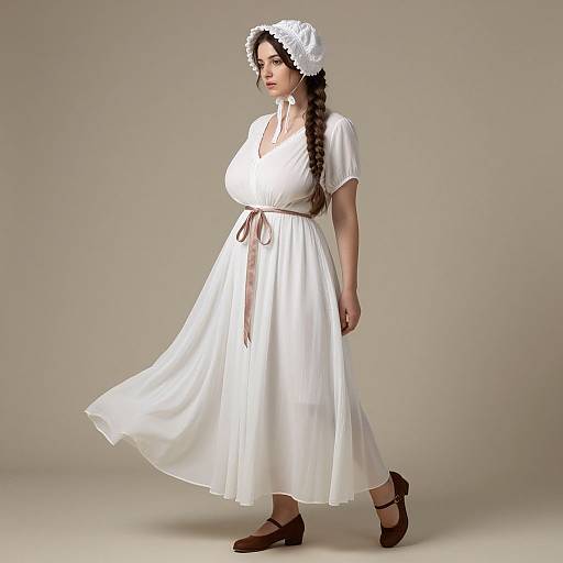 Photograph of a woman with long braided brown hair, wearing a white, flowing dress with a brown belt, white lace headscarf, and
