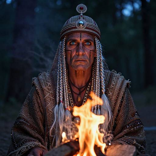 Photograph of an elderly indigenous man with dark skin and intense eyes, wearing a silver-adorned headdress and intricate robe, sitting before a bright