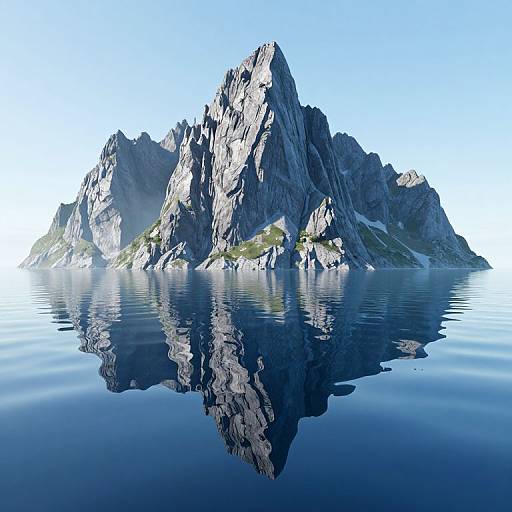Photograph of a rugged, rocky island with jagged peaks reflected perfectly in calm, blue water under a clear, bright sky.