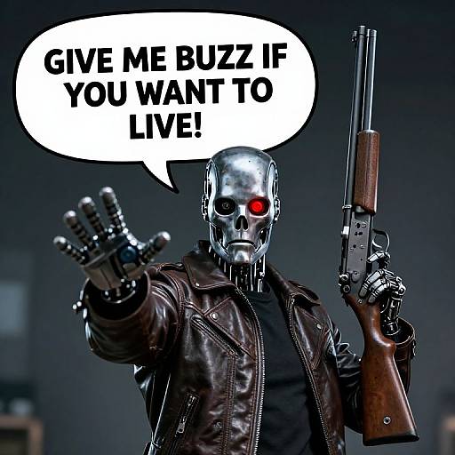 Digital art of a robotic figure with a metallic skull, red eye, brown leather jacket, and chrome hand, holding a revolver, speech bubble saying 