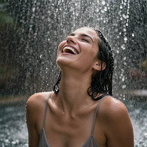 Photograph of a smiling young woman with wet, dark hair, wearing a gray tank top, under a shower of water.
