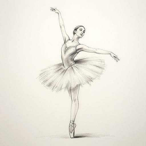 Black and white sketch of a graceful ballet dancer in a tutu, poised on pointe, arms elegantly raised and extended.